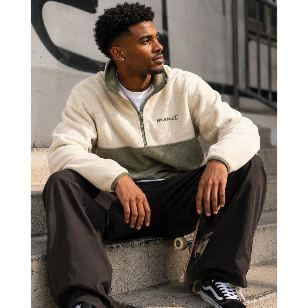 Monet Skateboards Mens Quarter Zip Fleece Pullover Colorblock Green Cream Small
